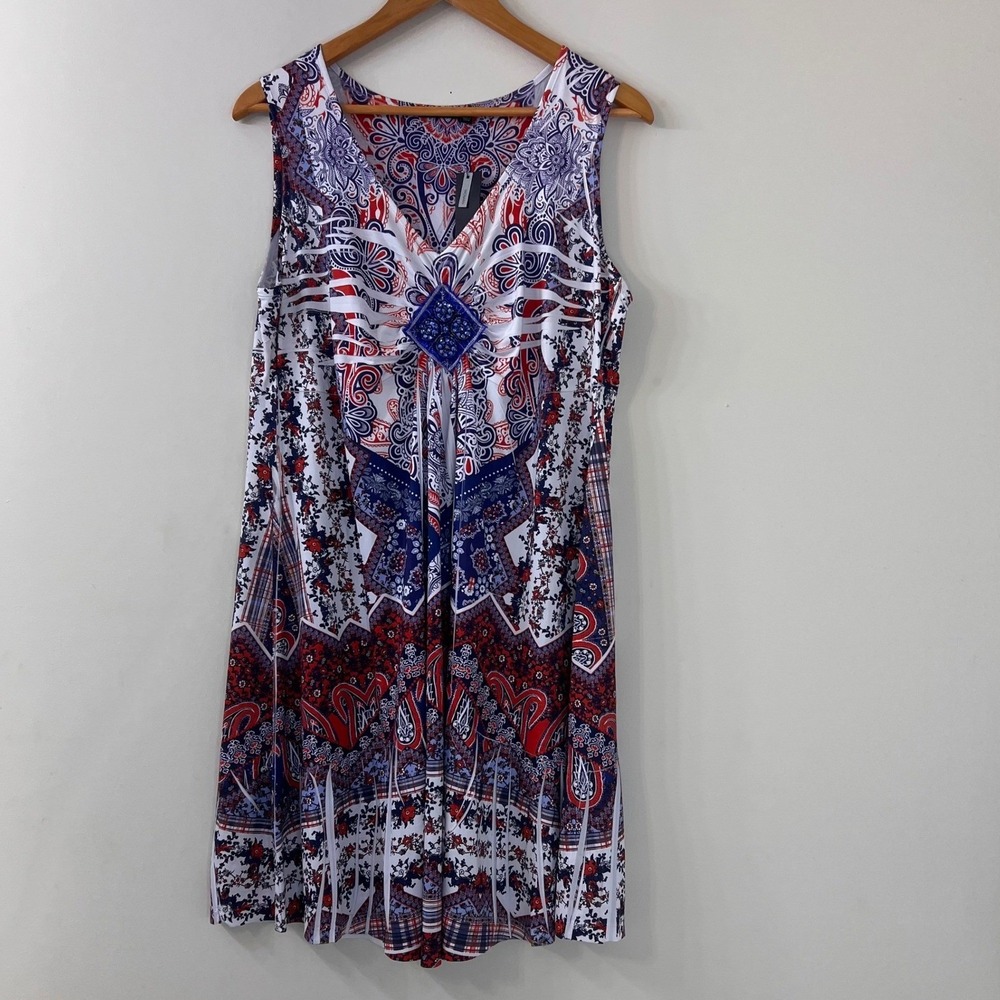 Apt. 9 Woman Red White Blue Paisley Beaded V-Neck Ruffle Hem Tank Dress 0X NWT